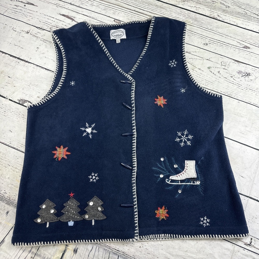 Carolyn Taylor Womens XL Navy Fleece Christmas Vest Embroidered Trees Ice Skates